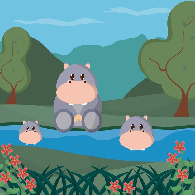 Vector hippos family at forest cute animal cartoons