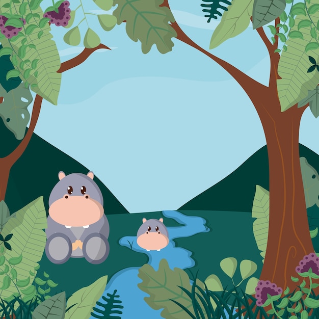 Hippos at forest cute animal cartoons