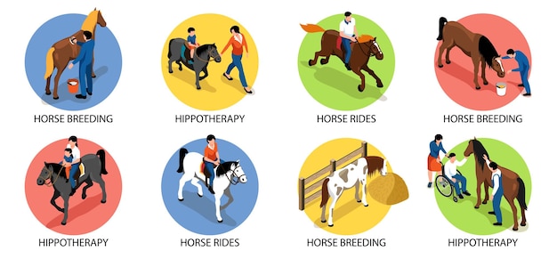 Hippotherapy round compositions set with people riding stroking and looking after horses isolated 3d isometric illustration