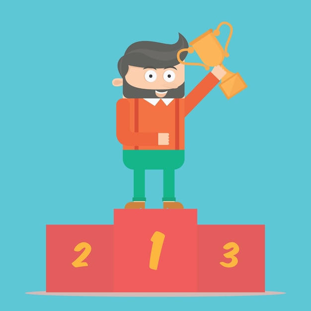 hipster businessman character with trophy in the podium cartoon vector design