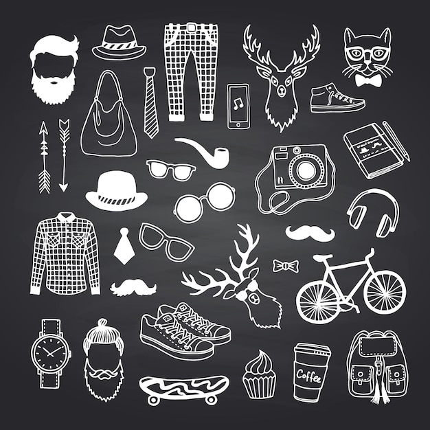 hipster doodle icons on black chalkboard 