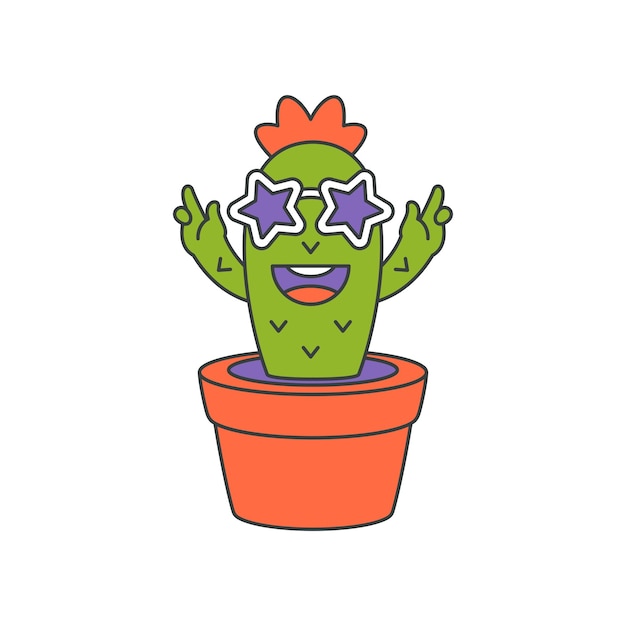 Hipster green cactus character in sunglasses hands growing in pot pop art groovy sticker vector