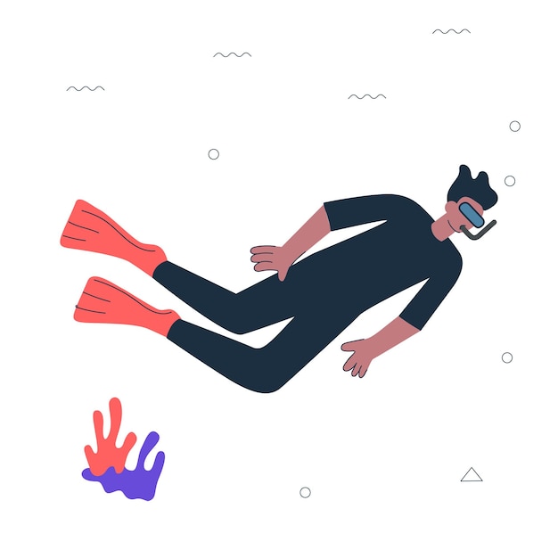 Hipster guy freediving with snorkel. Young man diving underwater. Healthy active lifestyle and extreme snorkeling sport creative concept. Male person snorkeler. Freediver vector eps art illustration