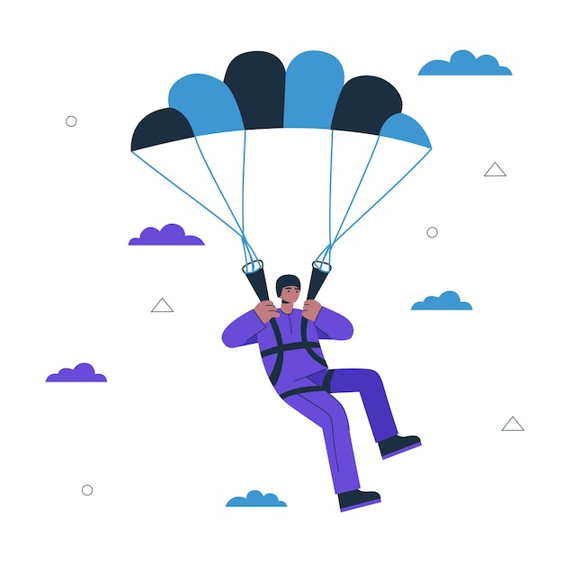 Hipster guy paraglider. Young man paragliding. Healthy active lifestyle and extreme sport creative concept. Male person parachute flying. Skydiving vector art illustration