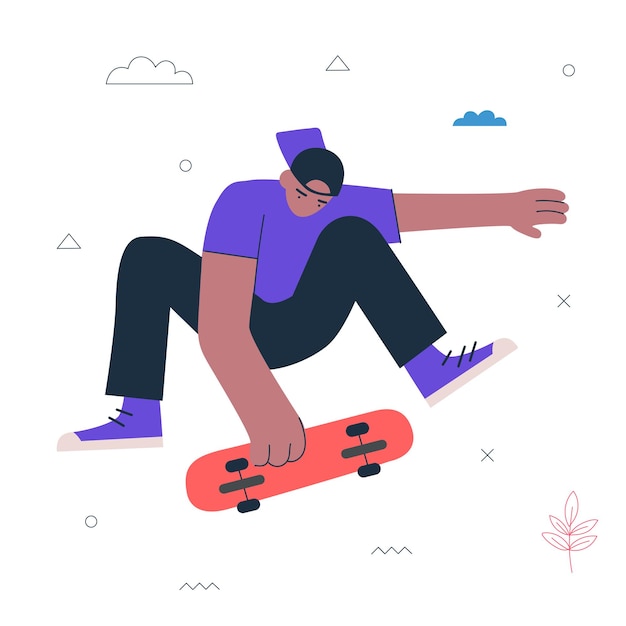 Hipster guy skateboard trick. Young man skateboarder jump. Healthy active lifestyle and extreme sport creative concept. Male person on skate board. Skateboarding vector eps art illustration