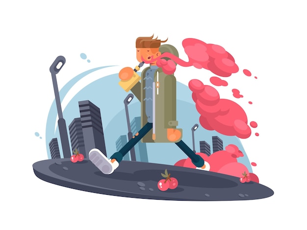 Hipster guy smoking vaper and walking street of city. Vector illustration