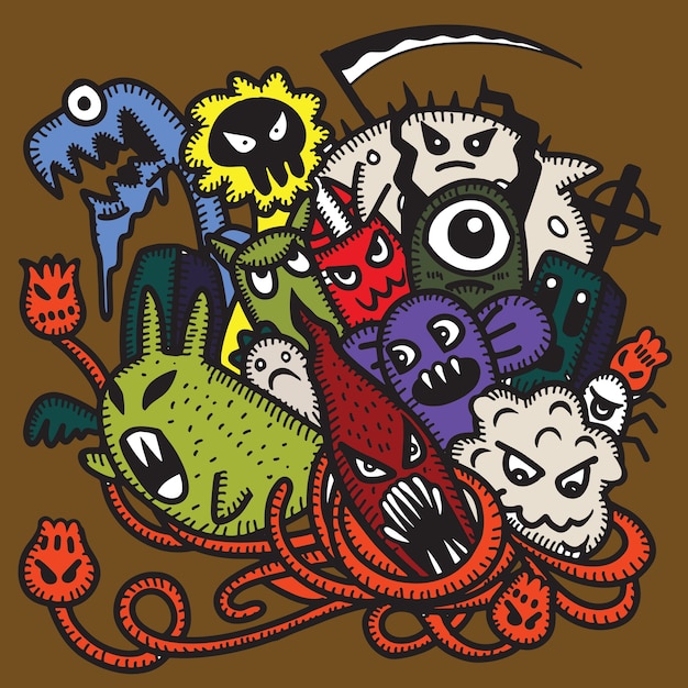 Hipster Hand drawn Crazy doodle Monster group