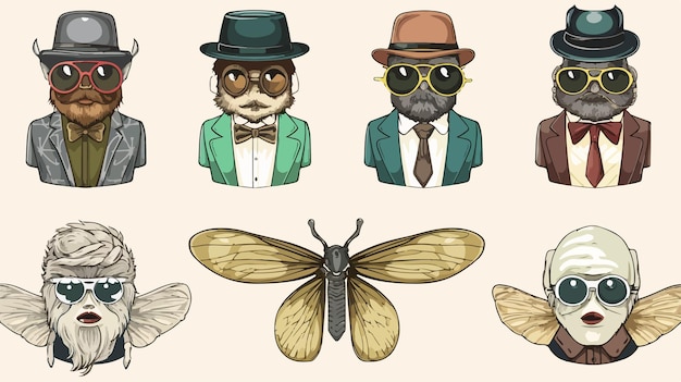 Vector hipster insects cartoon labels stock illustration