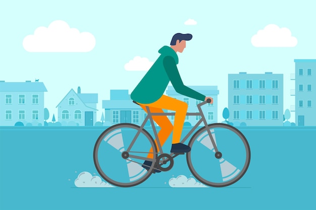 Hipster male riding bike on city street. Young man cyclist leisure activity in town road. Stylish guy on bicycle flat vector eps illustration