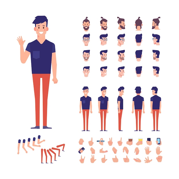 Hipster man for animation with various hairstyles faces and gestures Front side back view vector