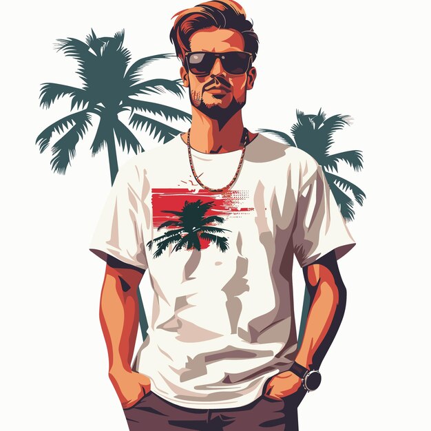 Hipster man in sunglasses on the background of palm trees Vector illustration