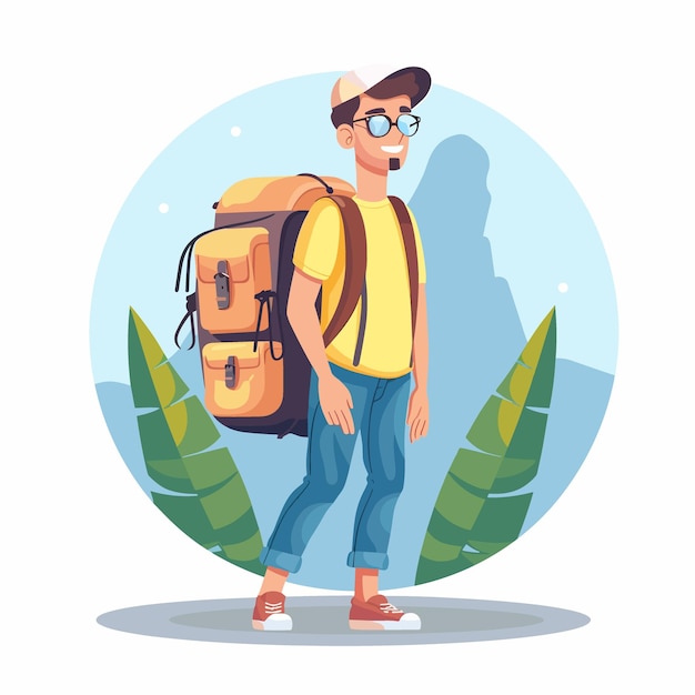 Vector hipster traveler with backpack on vacation vector illustration in cartoon style