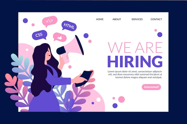 Hiring landing page template with woman illustrated