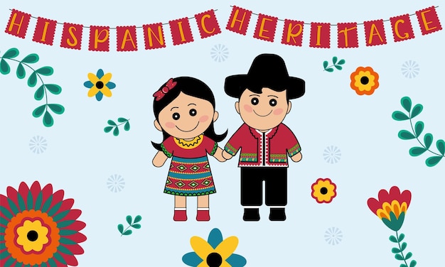 Hispanic heritage month celebration poster with Mexican dolls for kids