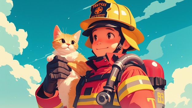 Hispanic Male Firefighter in His 30s Rescuing a Cat