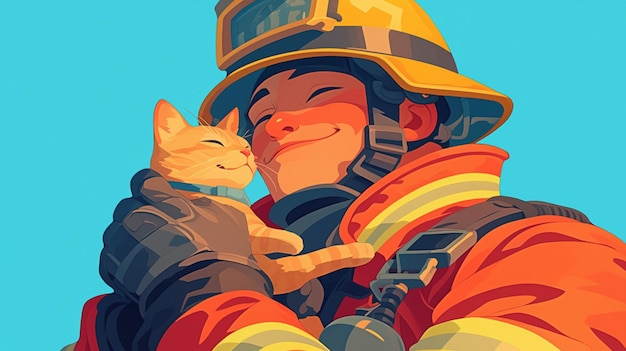 Hispanic Male Firefighter in His 30s Rescuing a Cat