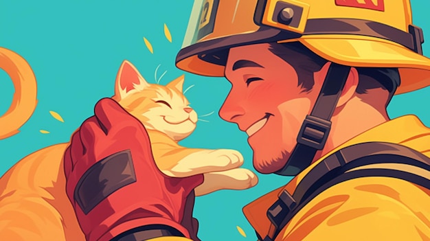 Hispanic Male Firefighter in His 30s Rescuing a Cat