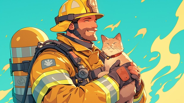 Hispanic Male Firefighter in His 30s Rescuing a Cat