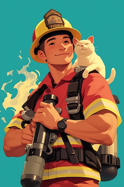 Vector hispanic male firefighter in his 30s rescuing a cat