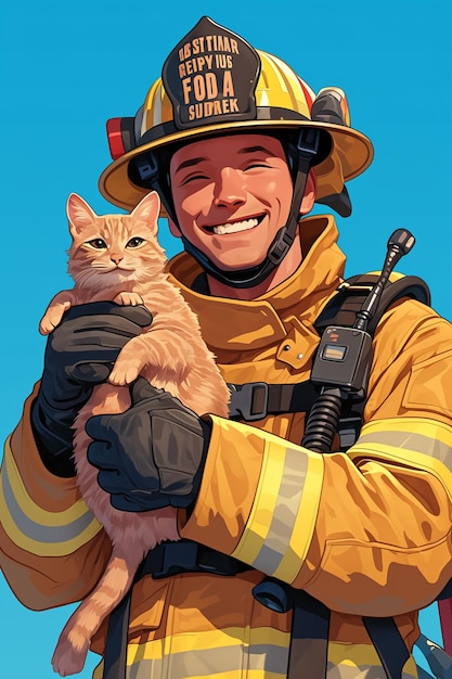 Hispanic Male Firefighter in His 30s Rescuing a Cat