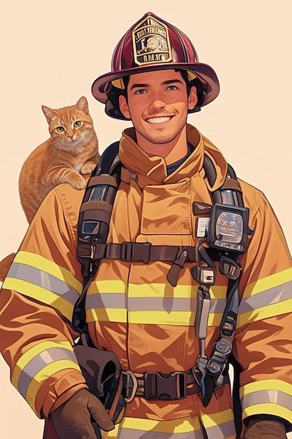 Vector hispanic male firefighter in his 30s rescuing a cat