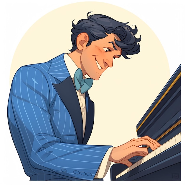 Vector hispanic man in his 40s learning to play piano