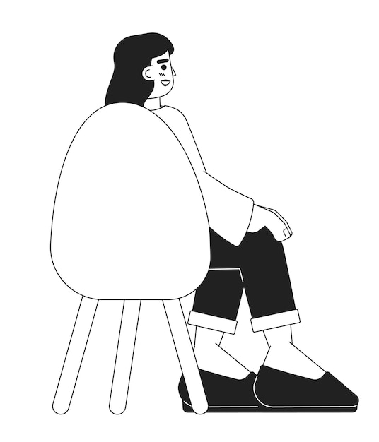 Hispanic young adult woman sitting in chair back view black and white 2D cartoon character Latin american female isolated vector outline person Attendee latina monochromatic flat spot illustration