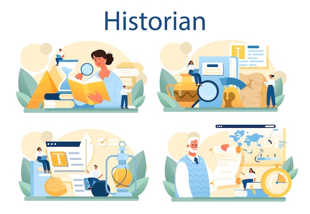 Historian concept set. History science, paleontology, archeology. Knowledge of past and ancient time. Antique civilization research. Isolated vector illustration in flat style