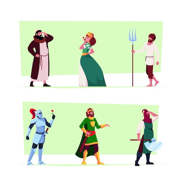 Historic characters Medieval fantasy knights princess royal queen fairytale kingdom persons garish vector authentic historical costumes