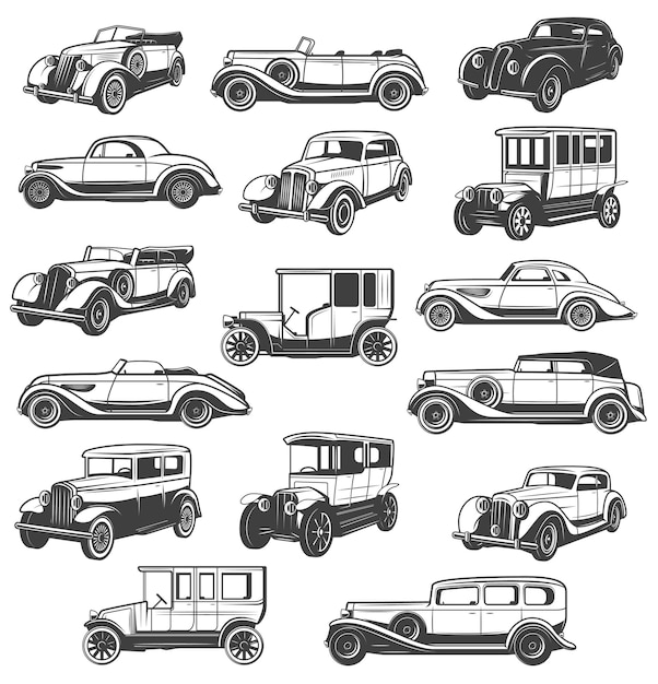 Historical cars vintage automobiles icons set