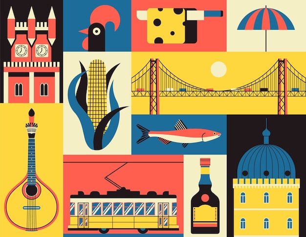 Vector historical symbols of lisbon, portugal.  icon set in  style. portuguese landmark. guitar, corn, fish, castle, yellow tram, rooster, cheese, beach, liquor, bridge.