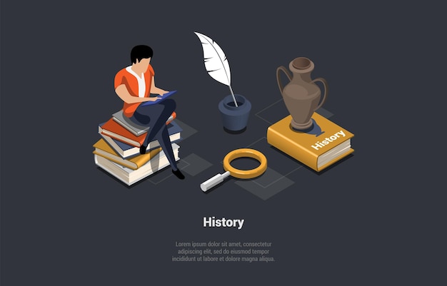 Vector history subject concept student sitting on history books stack ancient symbols vase inkwell with pen male character learning ancient history with tablet isometric 3d cartoon vector illustration