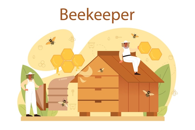 Hiver or beekeeper concept. Professional farmer with hive and honey. Countryside organic product. Apiary worker, beekeeping and honey production. Vector illustration