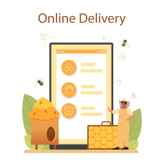 Hiver or beekeeper online service or platform. Professional farmer with hive and honey. Countryside organic product. Online delivery.