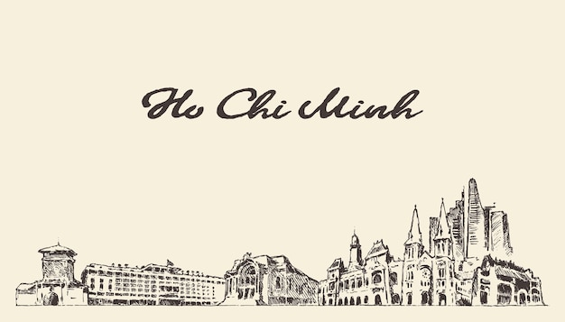 Ho Chi Minh skyline, Vietnam, hand drawn vector illustration, sketch