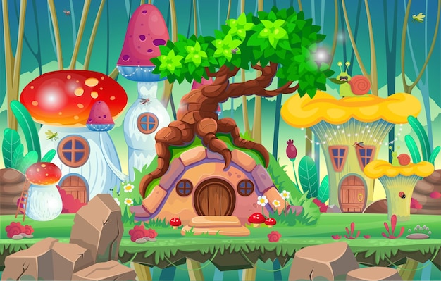 Hobbit house with old branchy tree in the forest and house mushrooms Fairy dwelling with round woode