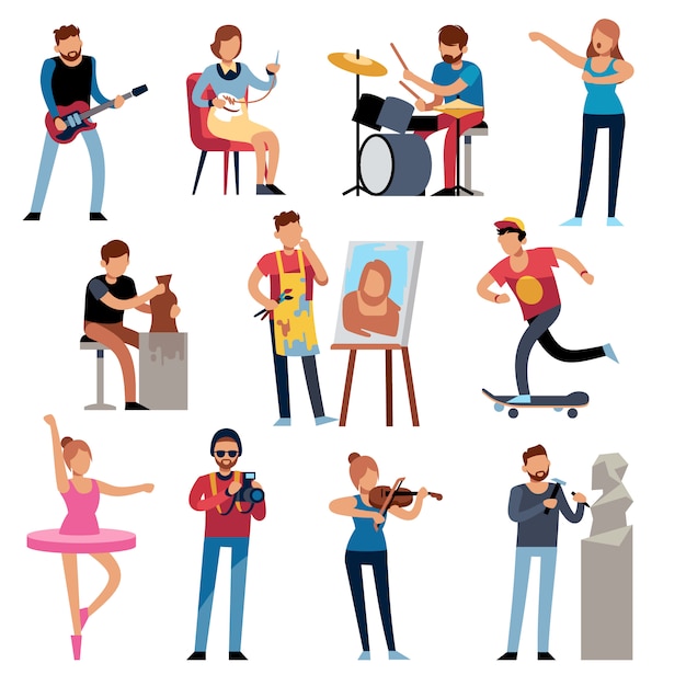 Vector hobby persons. people of creative professions at work. artistic occupations, retro hobbies cartoon characters vector set