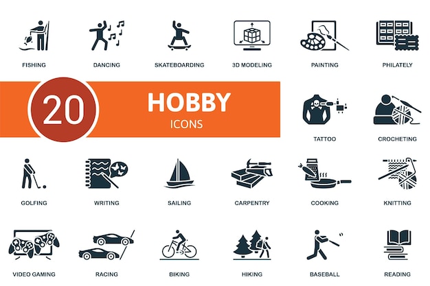 Hobby set creative icons fishing dancing skateboarding d