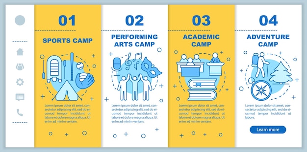 Hobby, talent camps onboarding mobile web pages vector template