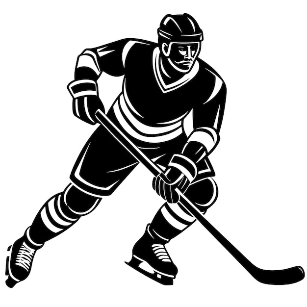 hockey player icon black and white white background vector illustration linocut