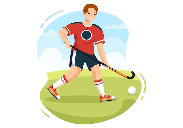 Hockey Player Sport with Stick and Skates on Green Field for Game in Flat Cartoon  Illustration