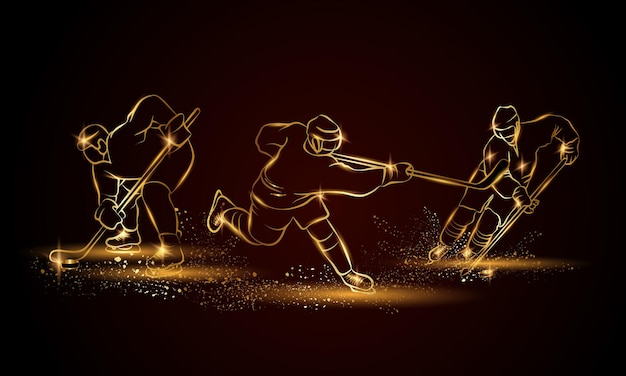 Hockey players set Golden linear hockey player illustration for sport banner background and flyer