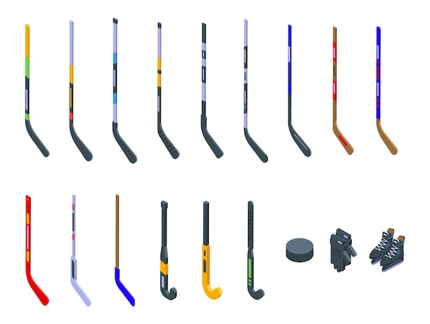 Hockey stick icons set isometric vector Field ball