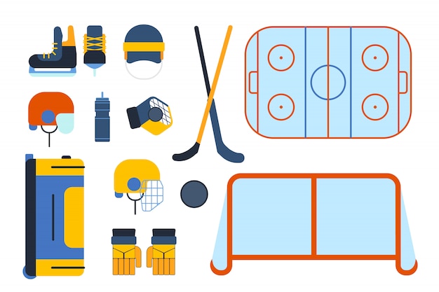 Vector hockey uniform and accessory set in flat style.