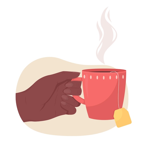 Holding cup of hot tea 2D vector isolated illustration. Aromatic beverage. Taking red mug with tea tug flat first view hand on cartoon background. Warm drink for cold weather colourful scene