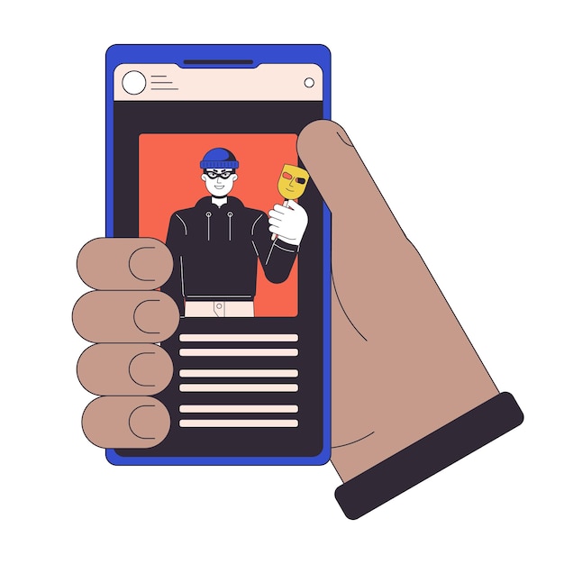 Holding smartphone flat line concept vector spot illustration Stealing identity Cyber thief 2D cartoon outline hand on white for web UI design Cybercrime editable isolated color hero image