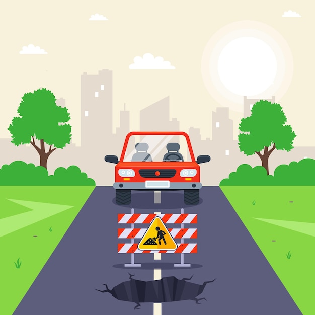 Hole in the road. repair work on the track. flat vector illustration.