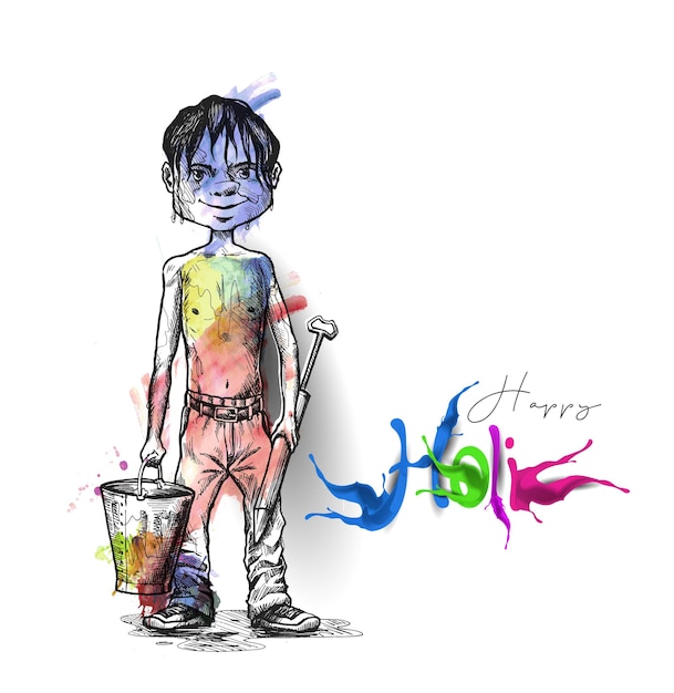 Holi Celebrations Banner - Boy Playing Holi with Gun of Pichkari, Vector illustration.