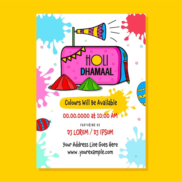 Holi Dhamaal Party Flyer Design With Powder Gulal Plates Balloons Megaphone And Paint Splatter Effect On White Background