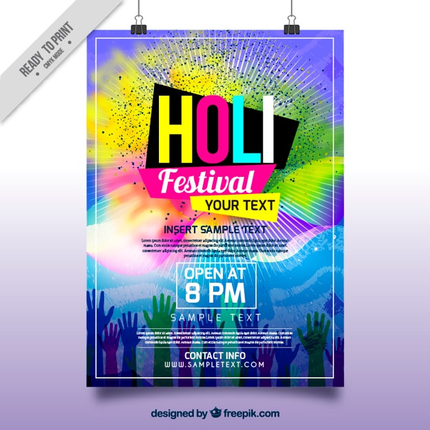 Vector holi festival brochure with colorful stains and hands